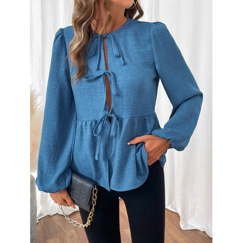 'Sorrel' Tie Up Front Puff Sleeve Blouse - Celes Fashion